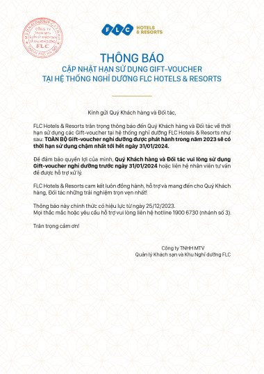 THÔNG BÁO - CẬP NHẬT HẠN SỬ DỤNG GIFT-VOUCHER TẠI HỆ THỐNG NGHỈ DƯỠNG FLC HOTELS & RESORTS